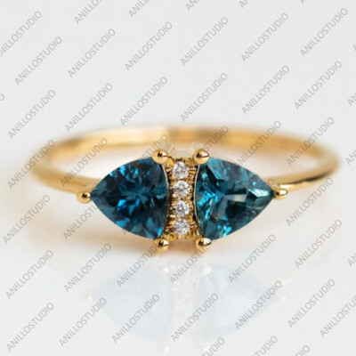 5mm Double Trillion London Blue Topaz & CZ Diamond Band Ring 925 Sterling Silver