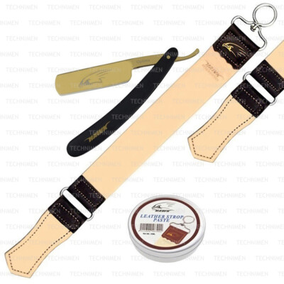 SALON STRAIGHT CUT THROAT WET SHAVING RAZOR LEATHER STROP STRAP PASTE SCHEERMES 