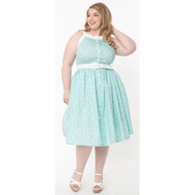 NWT Unique Vintage Plus Size 3X Turquoise & Lighthouses Print Maxine Swing Dress