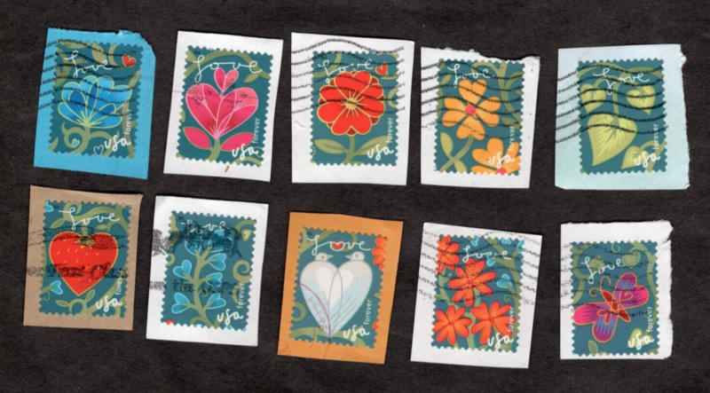 #4531-40 Garden of Love Stamps, Used Se-Tenent Set of 10, Forever, On Paper
