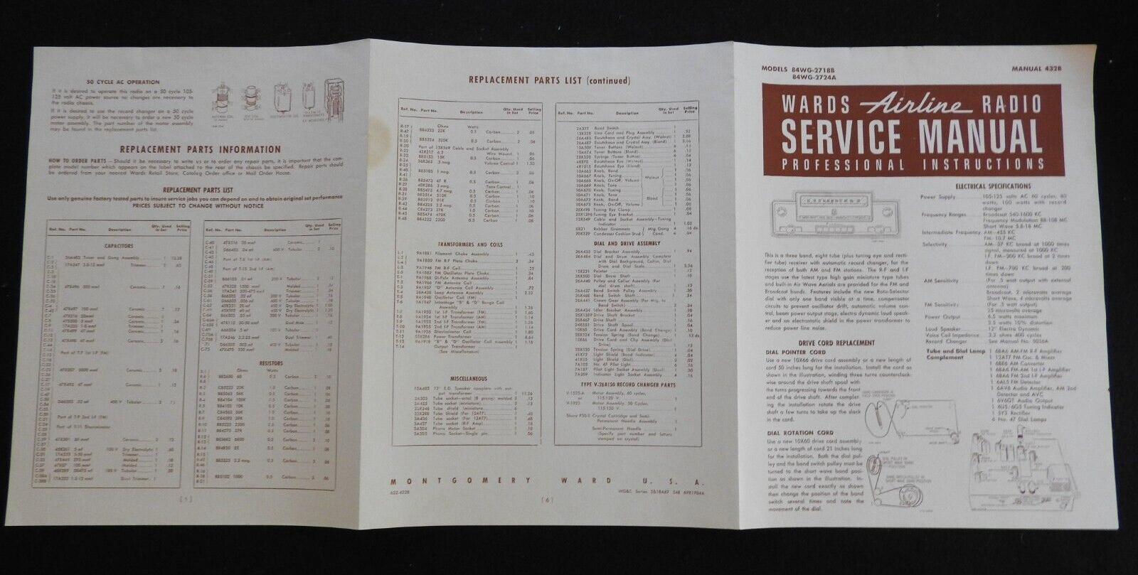 1940's Montgomery Wards Airline Console AM/SW Radio 84WG-2718B 84WG-2724A MANUAL