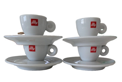 ILLY Set 4 Porcelain Red Logo Small 2-Oz Espresso Coffee Cup & Saucer IPA Italy