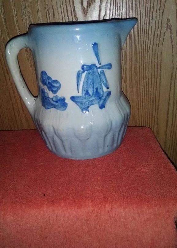 Bulbous Blue & White Stoneware Pitcher of Dutch Windmill and Bush