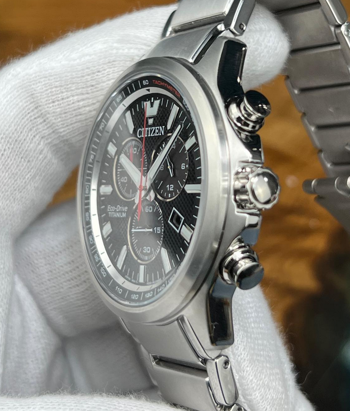 Pre-owned Citizen Super Titanium Sapphire Crystal Chronograph Black Dial Watch At2470-85e