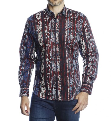 Luchiano Visconti Black & Red Stripes with Beige &Blue Paisley Flocking Size M