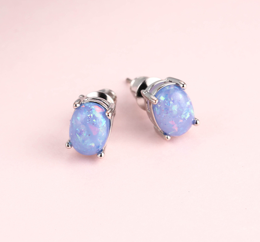 Oval Cubic Zirconia Opal Sterling Silver Post Stud Earrings 6x9mm Men Women PE22