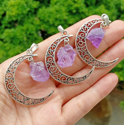 5pcs Amethyst stone Moon Pendants Chakra Reiki Healing Amulet
