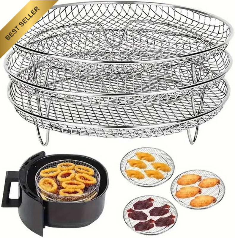 3-Piece Air Fryer Grill Rack – Food Grade 304 Stainless Steel, Multi-Layer Stack