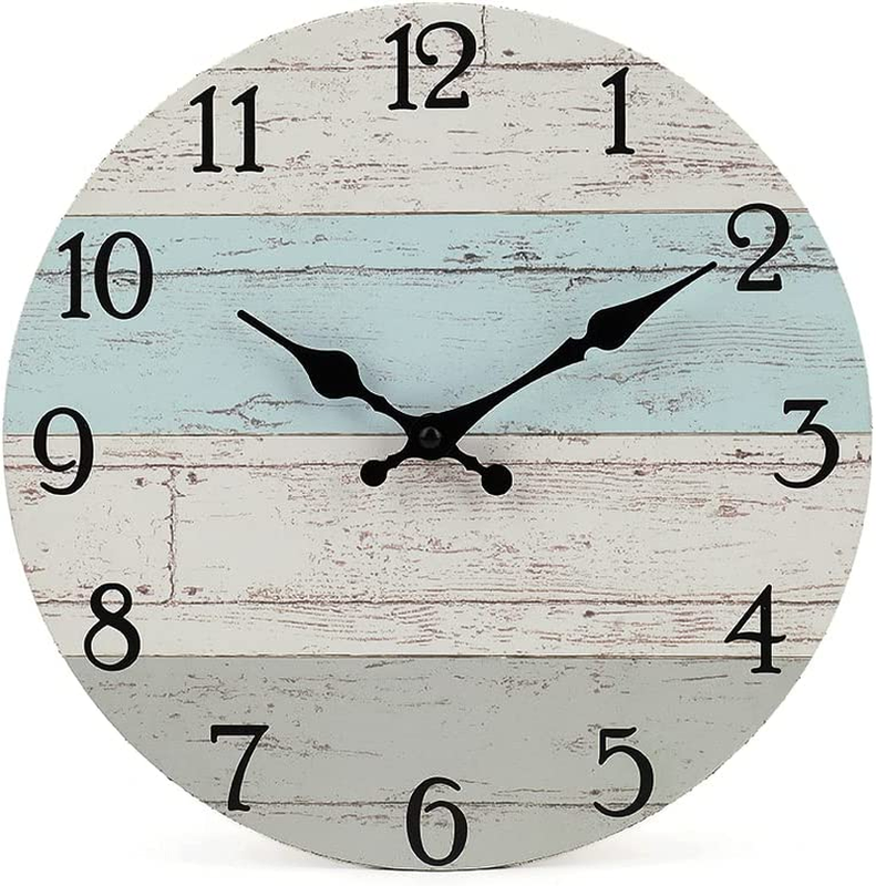 10 Silent Non-Ticking round Wall Clock, Wooden Coastal Blue, Rustic Tuscan Decor