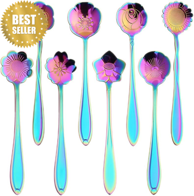 8-Piece Stainless Steel Flower Cocktail Spoons 4.92 Inch Wine Stirrers with Mirr