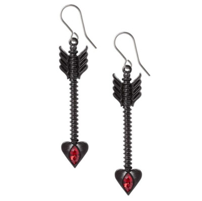 Alchemy Gothic Desire Moi Earrings Blackened Pewter Cupids Arrows Red Heart E466