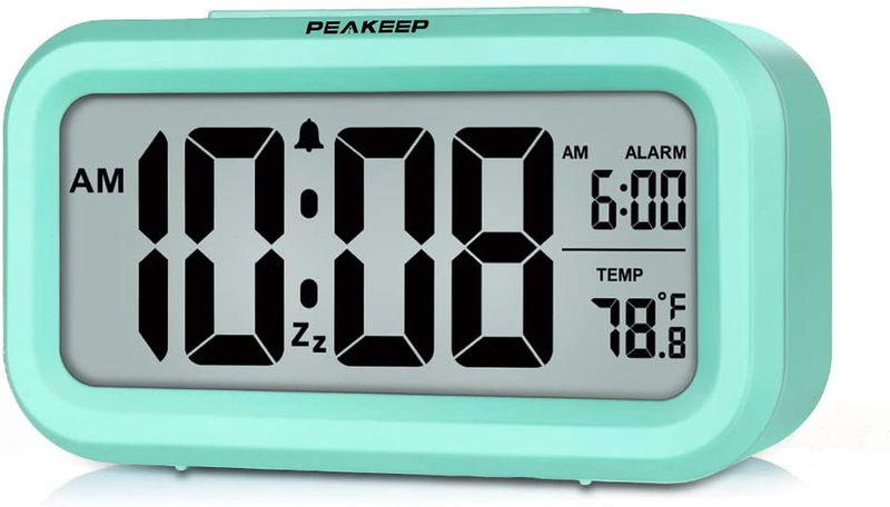 Smart Night Light Digital Alarm Clock with Indoor Temp, Battery Operated (Mint)
