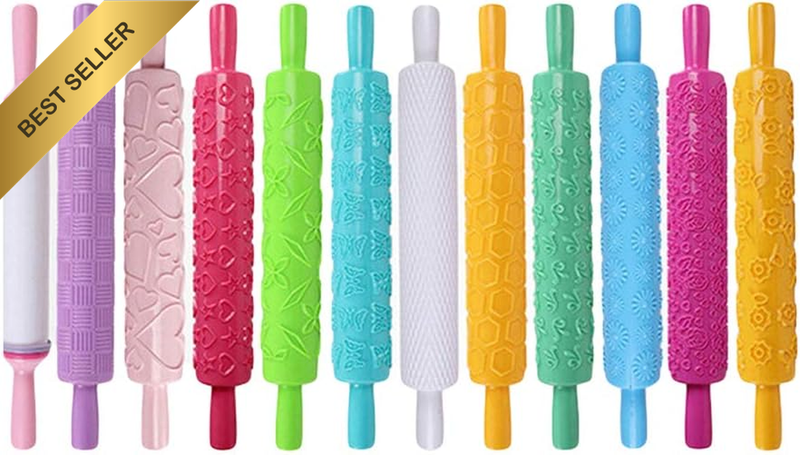 12 Styles Plastic Non Stick Fondant Rolling Pin Tool Portable Embossed Rolling P