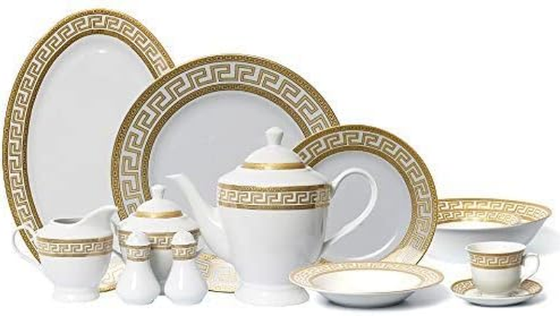 57-Pc Banquet Dinnerware Set Gold Greek Key - Luxury Tableware Dining Service fo