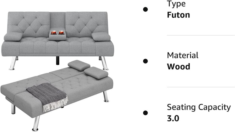 Modern Grey Futon Sofa Bed with Removable Armrests, Cupholders, and Metal Legs