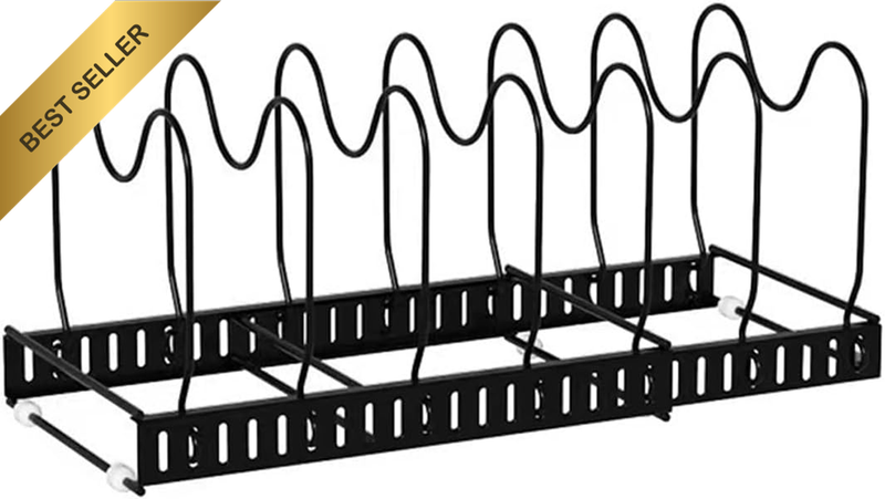 Adjustable Carbon Steel Pot Lid and Chopping Board Rack 7.2X7X12.2–22.4In, Black