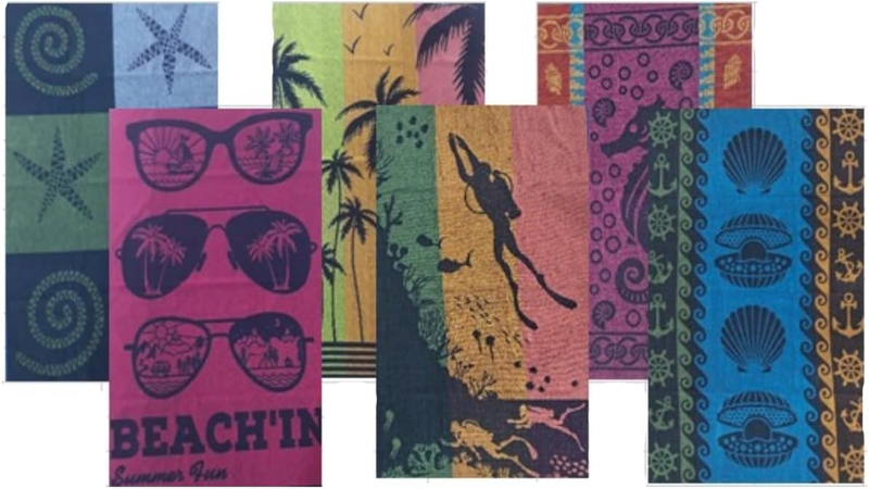 Bolbom'S Terry Cotton Beach Towel, Set of 6 Assorted Beach Towel, Oversize 30" X