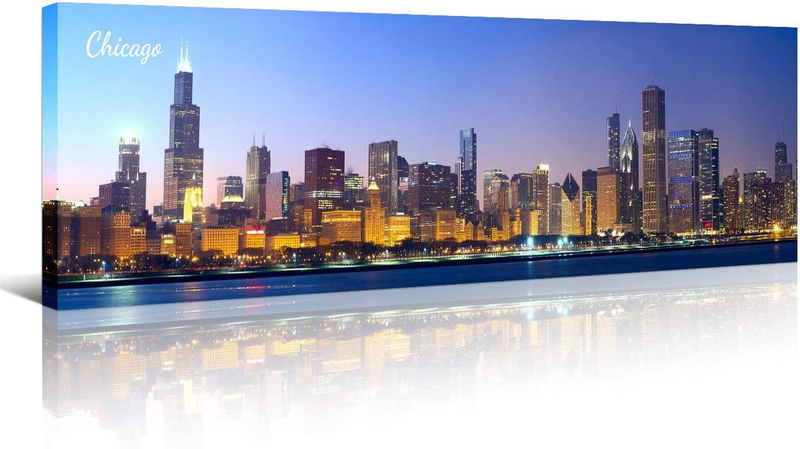 Chicago Skyline Wall Art for Living Room Cityscape Canvas Modern Home Decor Pano