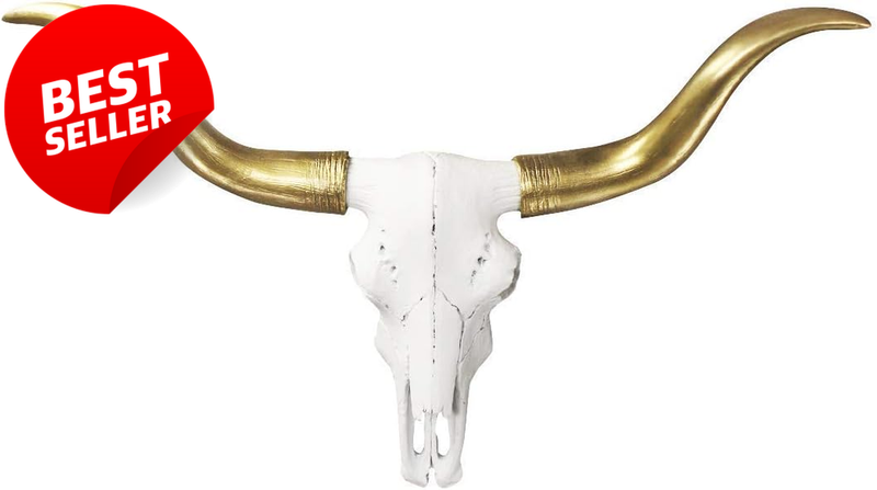 Faux Longhorn Skull Wall Decor White Gold 20in Farmhouse Taxidermy - US