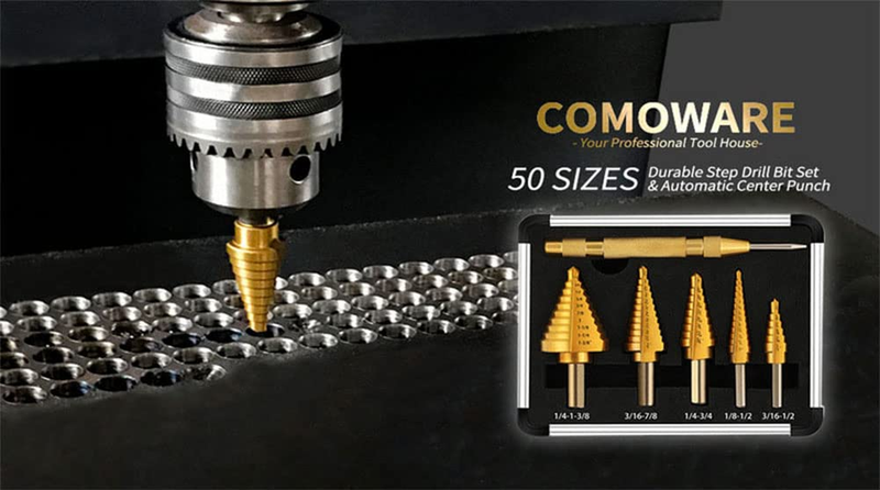 Step Drill Bit Set, 5 Pcs Titanium Coated High Speed Steel Step Drill Bits with