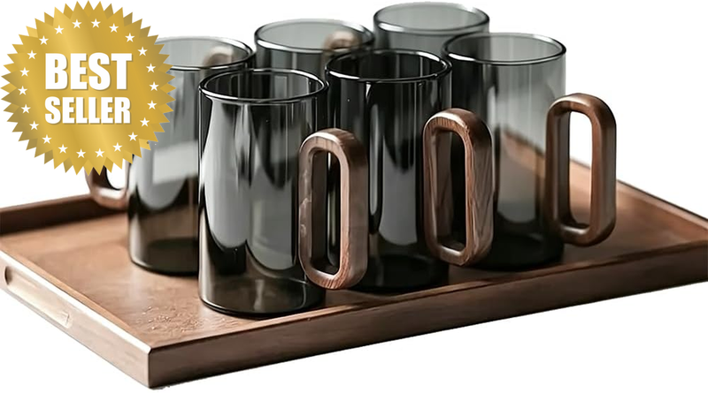 6Pcs anti Scalding Tea Cups, Glass Water Cup with Wooden Handles, Clear Glass Co