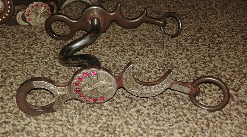 Jerry Wallace double mounted sterling silver jeweled peacock  bit spurs & straps