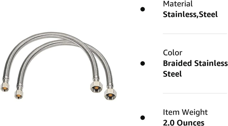 2 Pieces  3/8'' Comp X 1/2'' FNPT Faucet Supply Hose Line, 18'' Long, Braided St
