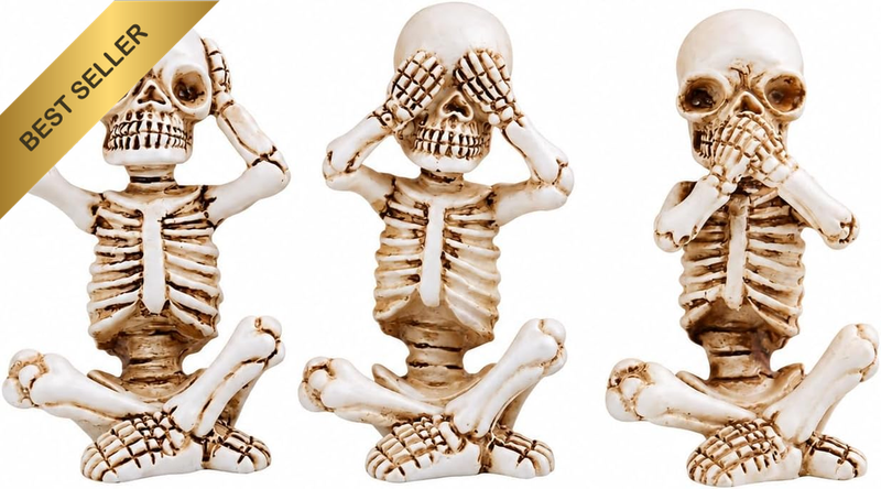 3 Pcs Halloween See Hear Speak No Evil Skeleton Statues – Resin Skull Decor