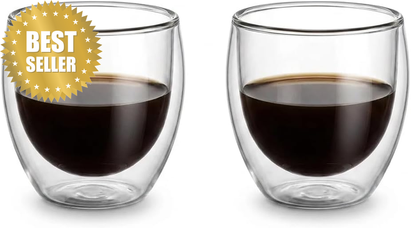 Double Walled Glass Coffee Mug Cups, Set of 2 Hollow Vacuum Sealed Cappuccino La