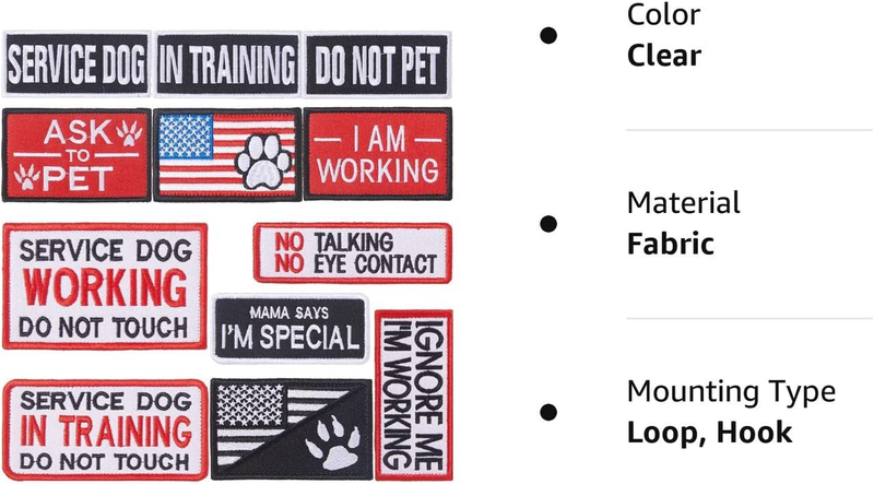 12Pcs Service Dog Vest Patches - Hook and Loop, Removable