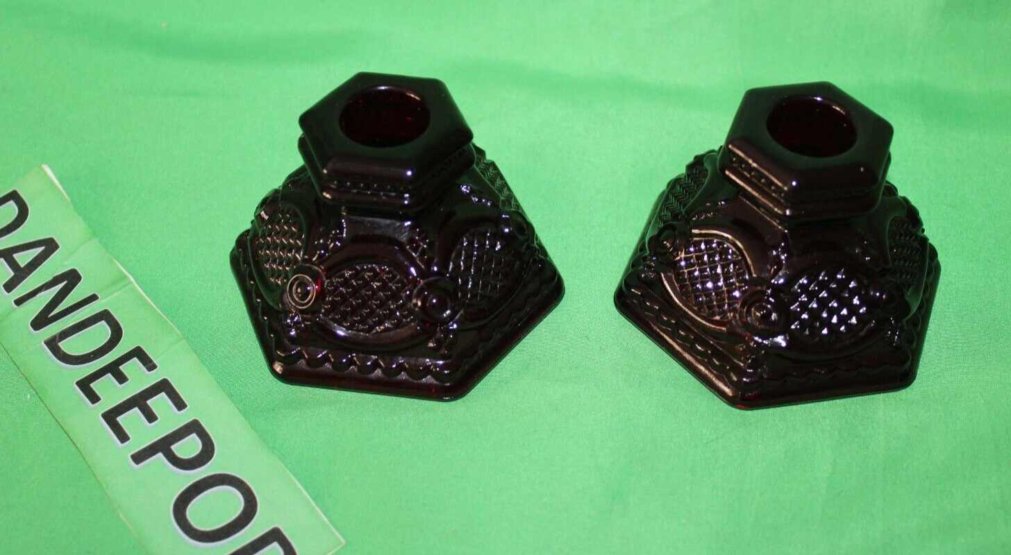 Avon Glass Dark Ruby Red Pair Of Taper Candle Holders Cape Cod Collection
