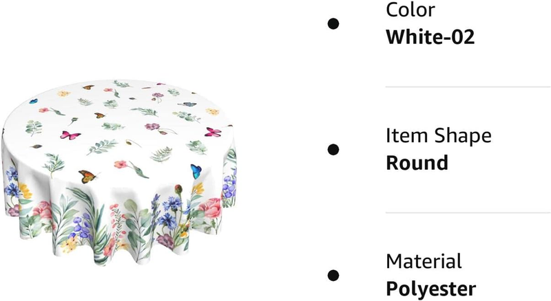 Spring Summer Floral Tablecloth round 60 Inch Watercolor Butterfly Flower Table