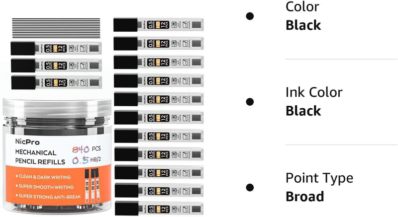 Nicpro 840 PCS 0.5Mm HB #2 Mechanical Pencil Refills, 12 Pack