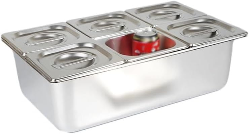 Stainless Steel Double-Layer Six Grid Chilled Seasoning Box with Flat Lid, Comme
