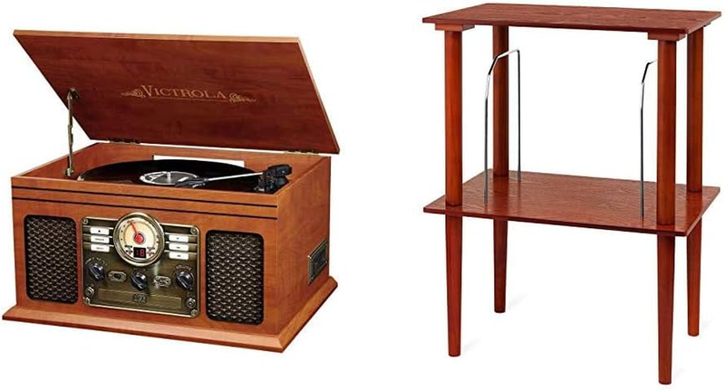 Nostalgic 6-In-1 Bluetooth Record Player & Multimedia Center Bundle with Wooden