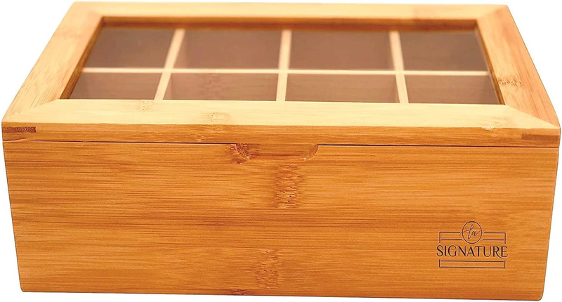 Natural Bamboo Tea Box Storage Organizer- 8 Compartments Tea Bag Holder...
