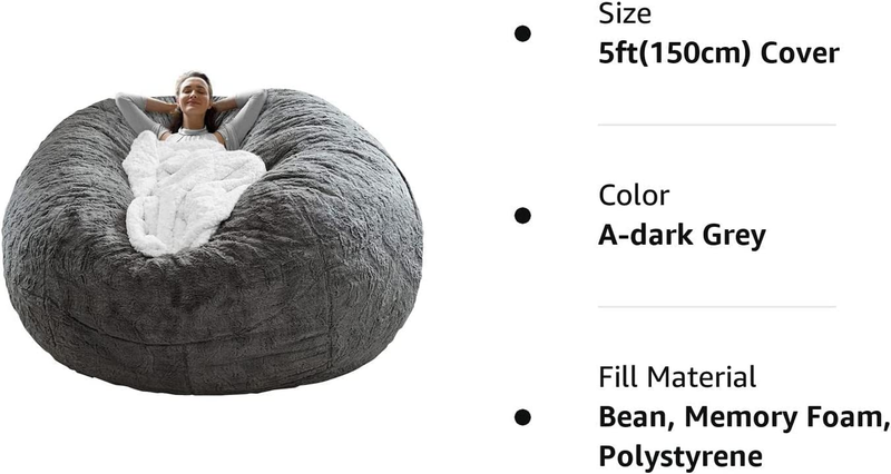 5ft Dark Grey Bean Bag Chair Cover - Soft Fluffy Velvet Sofa Bed Cover