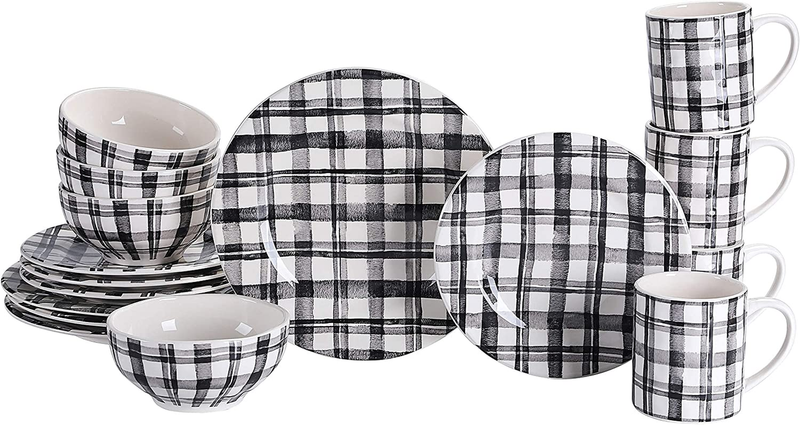 Plaid Black and White Ceramic 16 Pcs Dinnerware Set, Service for 4, Inclusive of