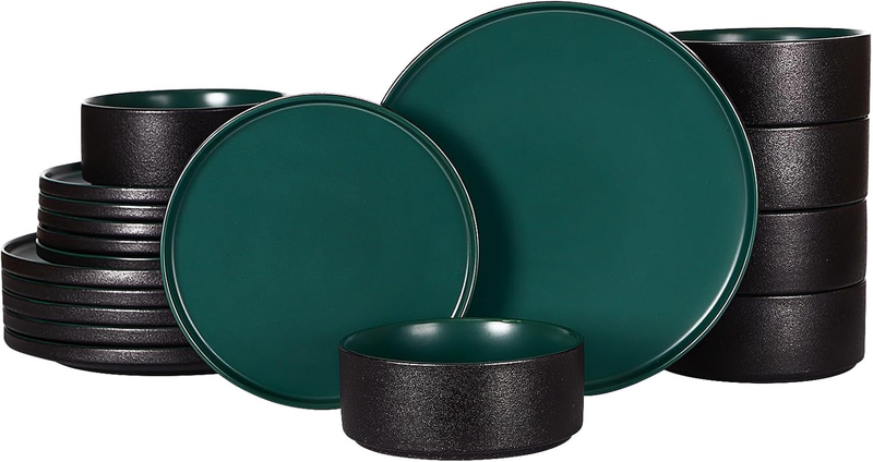 Ceramic Dinnerware Set for 6,18 Piece Modern Style Stoneware Set,Microwave and Dishwasher Safe Plate and Bowl,Scratch Resistant Stackable(Dark Green, Set(18Pcs))