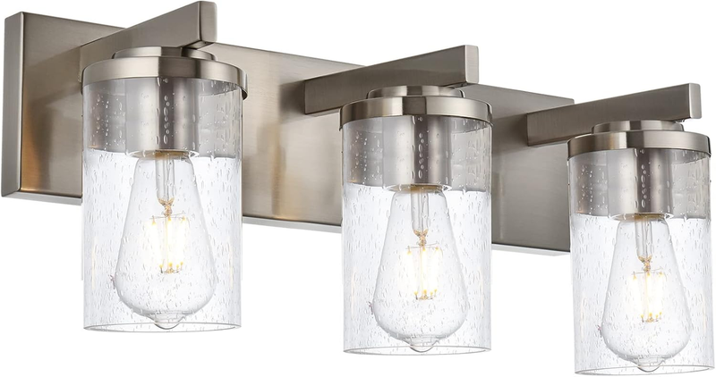 Brushed Nickel Vanity Light 3 Lights Modern Bathroom Light Fixtures over Mirror with Seeded Glass, Industrial Metal Indoor Sconces Wall Lighting for Powder Room Hallway Kitchen Sink Cabinet