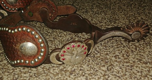 Jerry Wallace double mounted sterling silver jeweled peacock  bit spurs & straps