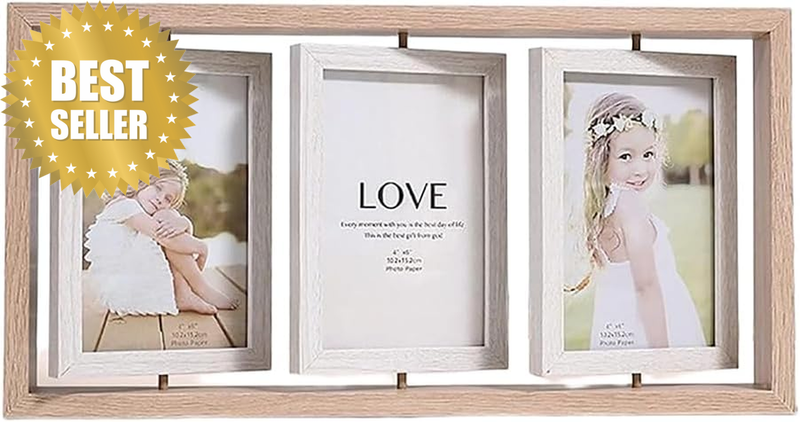 Three Sided Photo Frames,Rotating Rahmen,Solid Wood Floating Picture Frame, Doub