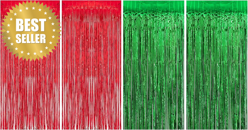 4 Pack Christmas Foil Fringe Curtains Red Green Tinsel Party Backdrop