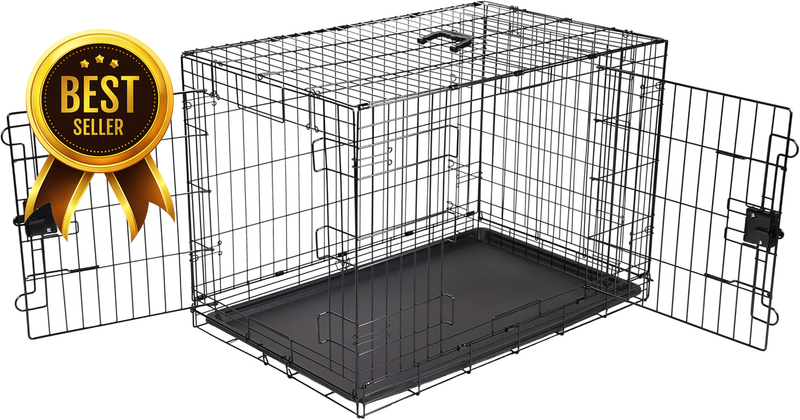 36"-x-23"-x-25" Black Folding Metal Wire 2-Door Dog Crate with Tray