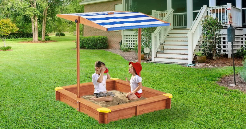Kids Sandbox with Cover, 46" Wooden Sand Box W/Adjustable Canopy, Large Outdoor