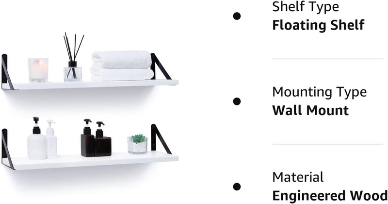 Floating Shelves Set of 2, Wooden Wall Shelf 24 Inch Long, Modern White Shelves