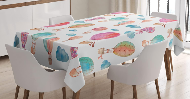 Ambesonne Watercolor Tablecloth, Hand Painted Style Cute Floating Hot Air Balloo