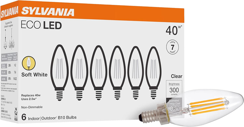 SYLVANIA ECO LED B10 Light Bulb, 40W=2.5W, 7 Year, 300 Lumens, Non-Dimmable, Cle