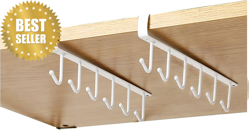 Under Cabinet Coffee Mug Holder - 6 Hooks Cups Storage Rack, Drilling Free, Kitc