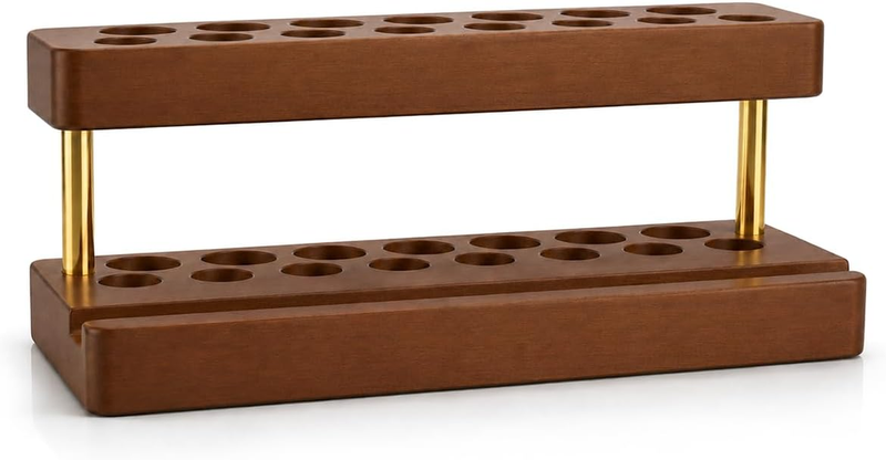 Wooden Pen Holder Pencil Organizer Desk Phone Stand Walnut Finish Double Row